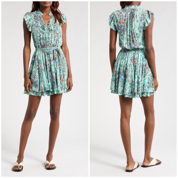 Poupette St Barth Callie Print Cover-Up Minidress in Green Size L - Picture 1 of 14